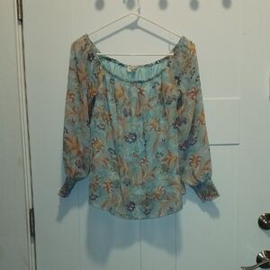 Pink Rose Blue Off the Shoulder Flutter Sleeve Blouse